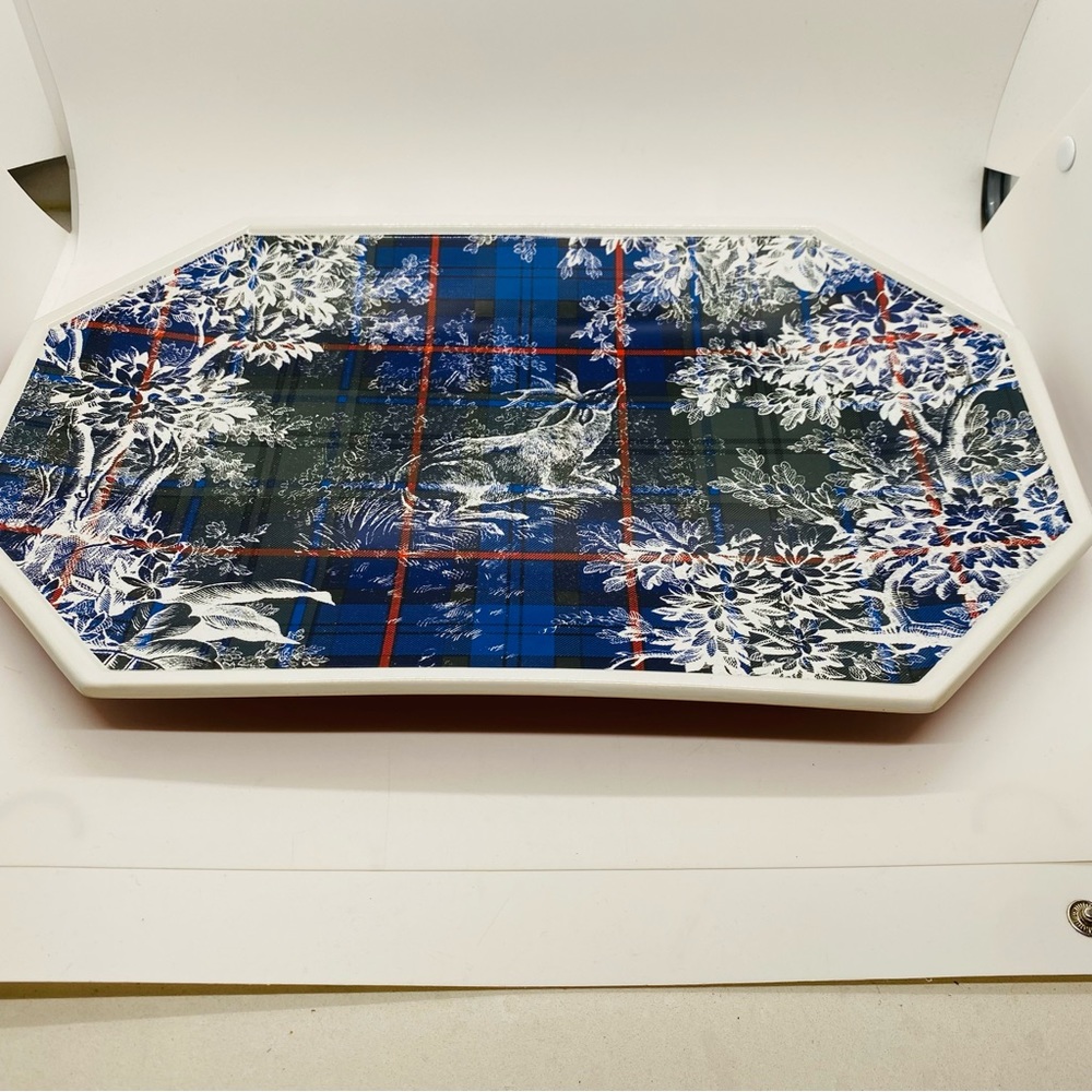 NWT Tommy Hilfiger Platter Porcelain Blue Red Deer and Trees. 15” x 9”